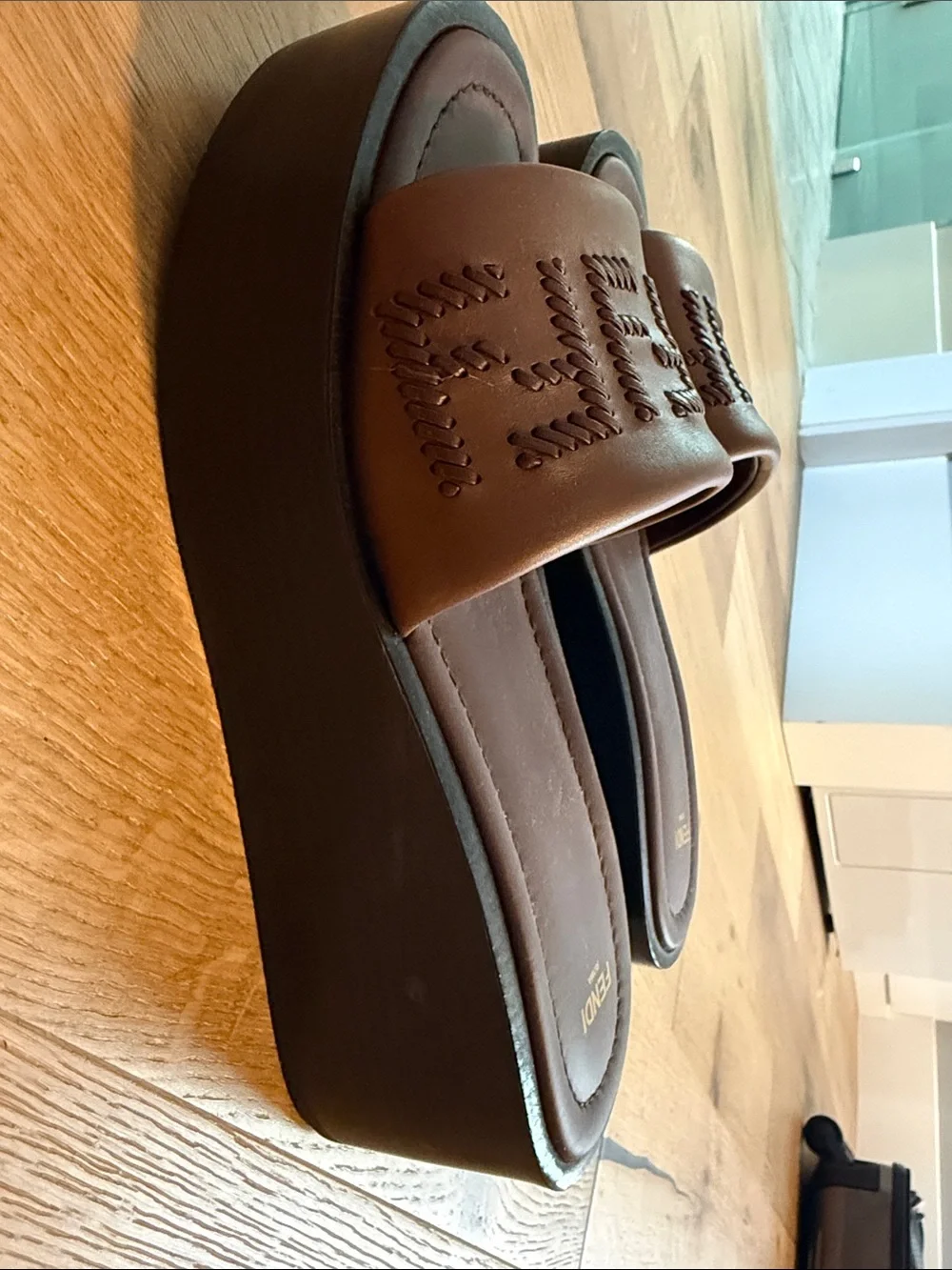 Fendi Brown Leather Logo Platform Slide Sandals